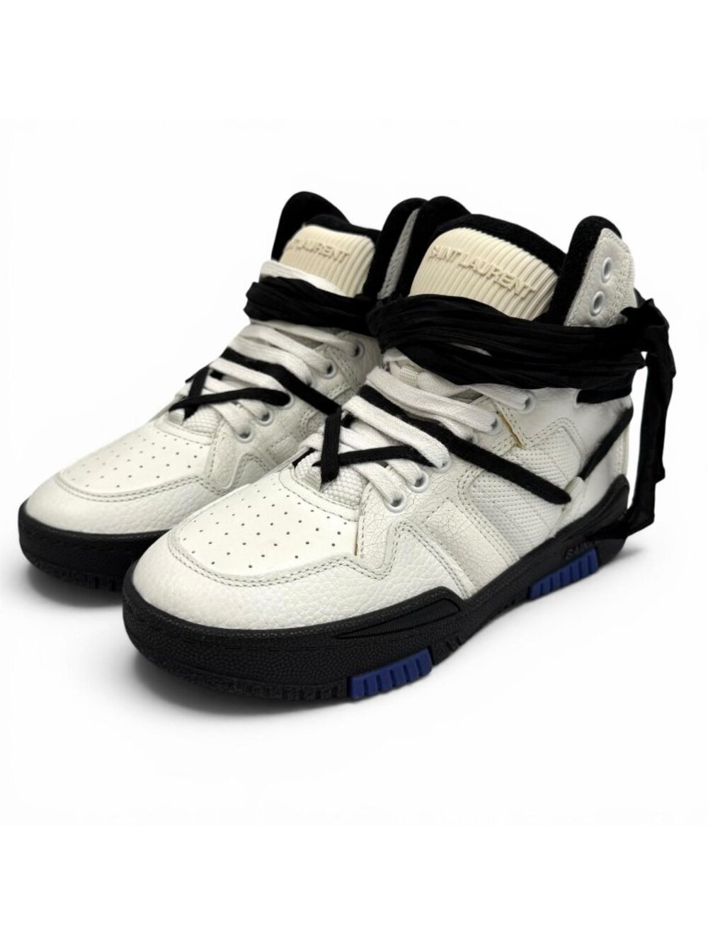 Saint Laurent Smith Logo Embroidered Lace Up Leather High-Top Sneakers White
